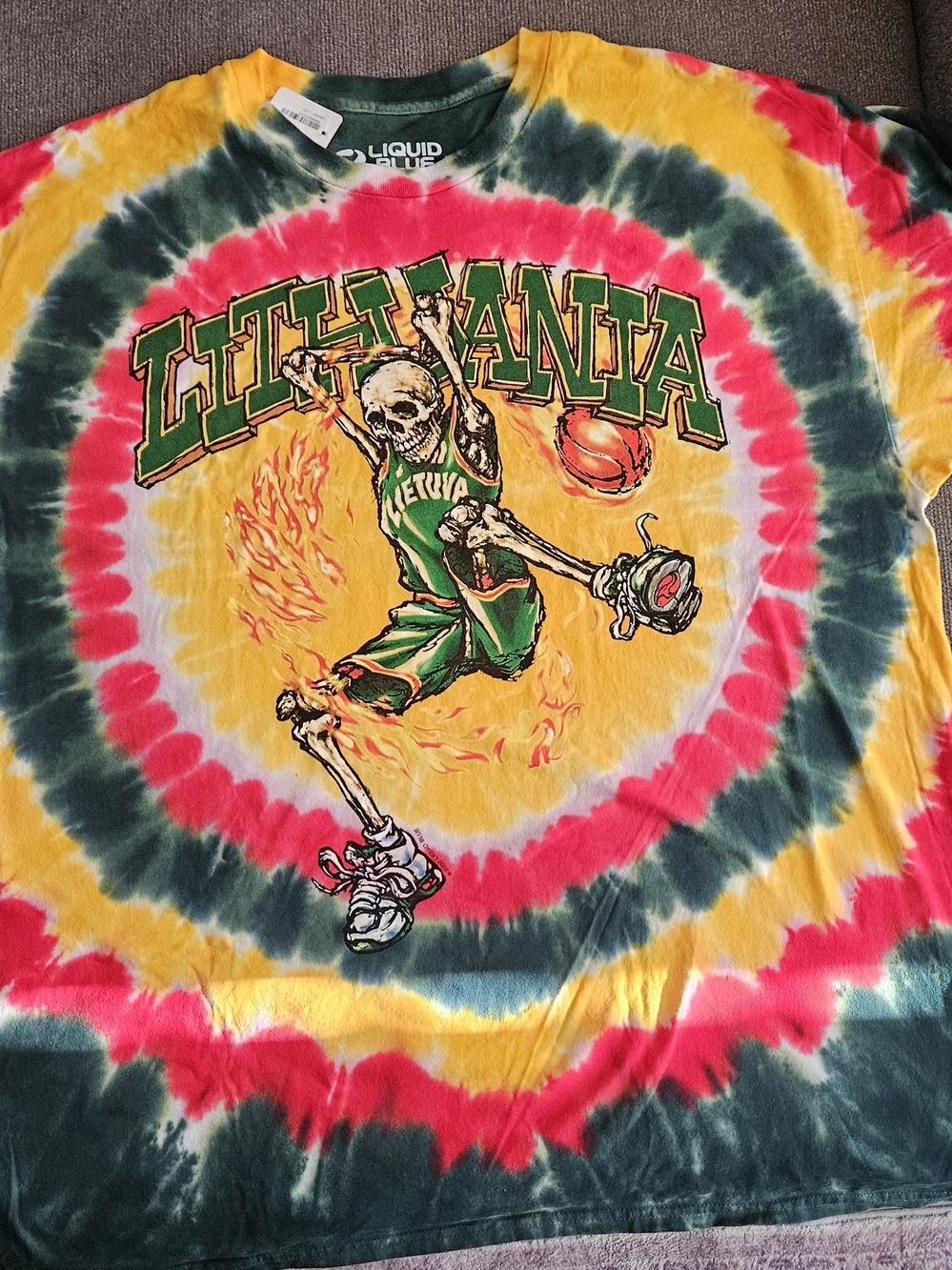 Tie-Dye 'Lithuania' Skeleton Basketball Graphic Tee - Yellow, Pink, Green
